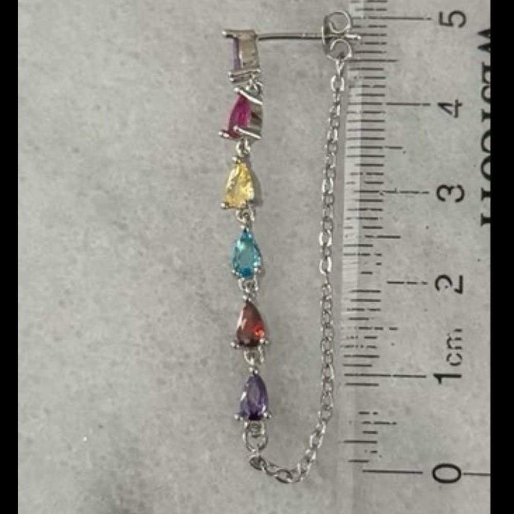 Sterling Silver Rainbow Tear Drop Chain Dangle Earrings - Picture 3 of 4